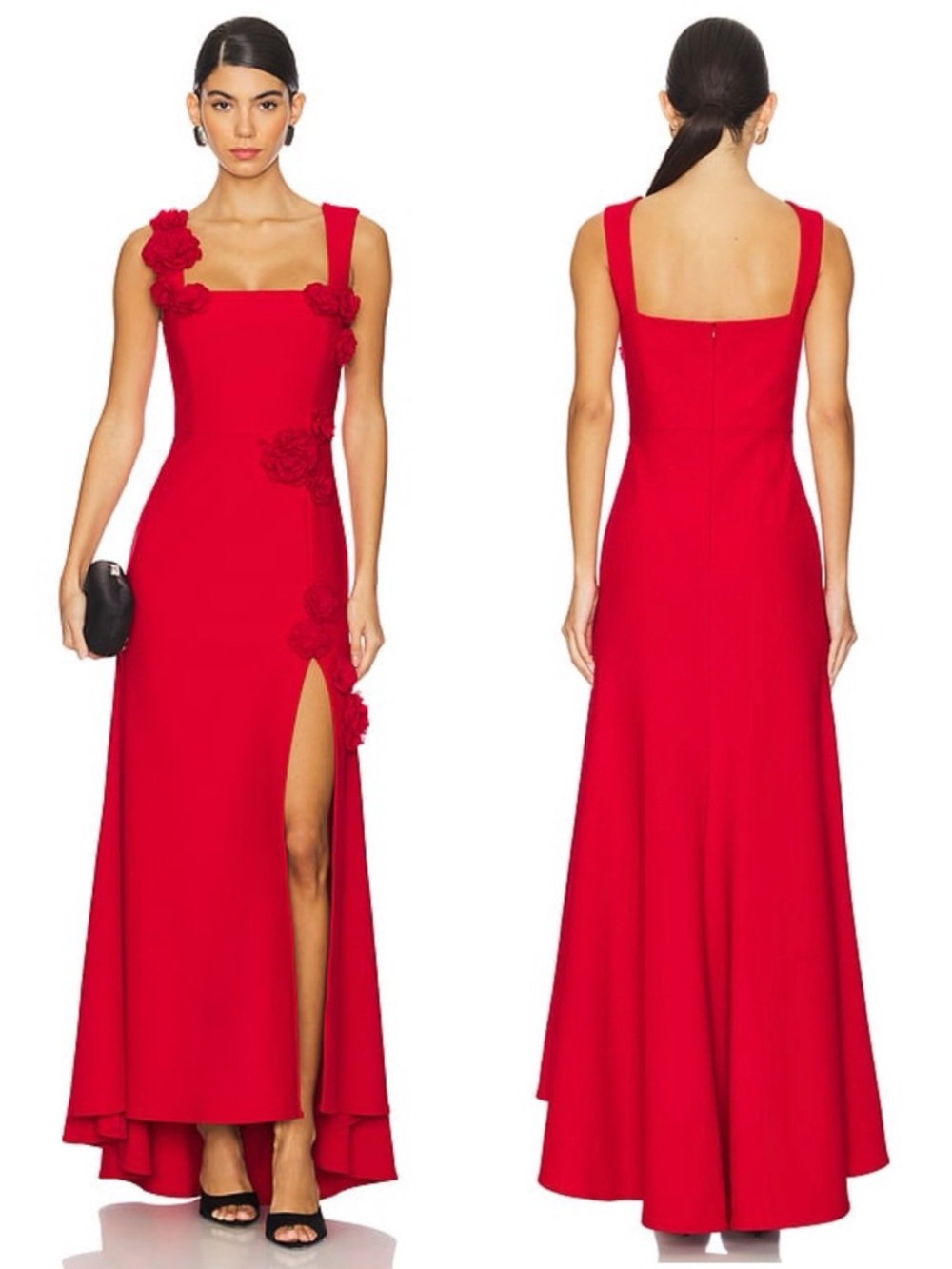 ELLIATT Evanora Sleeveless Floral Appliqué High Low Gown Red
